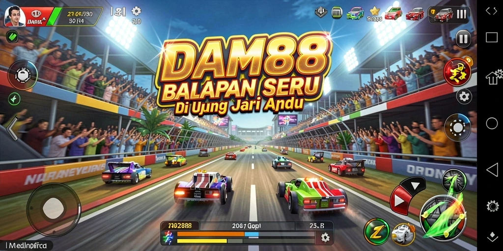 Tampilan gameplay balapan menegangkan di DAM88 dengan mobil melaju kencang.