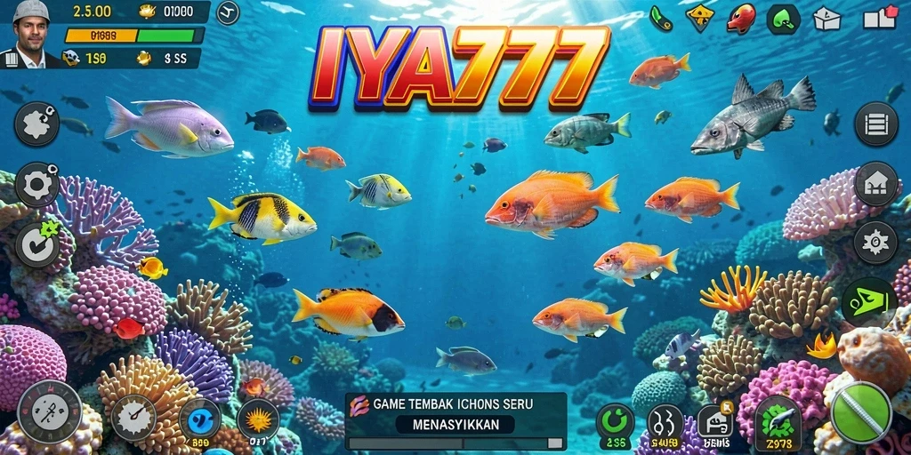 Screenshot menunjukkan gameplay seru IYA777 saat menembak ikan.