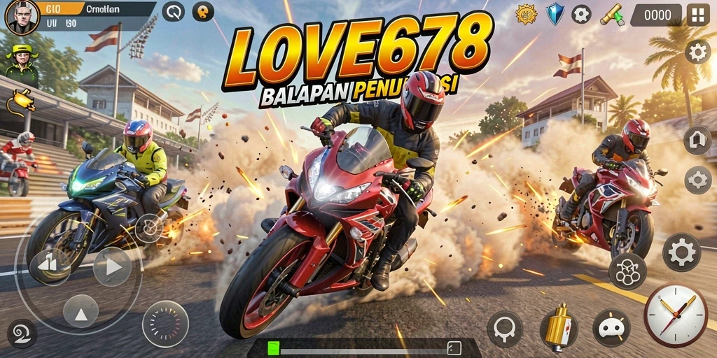 Screenshot gameplay LOVE678 menampilkan balapan motor yang mendebarkan.
