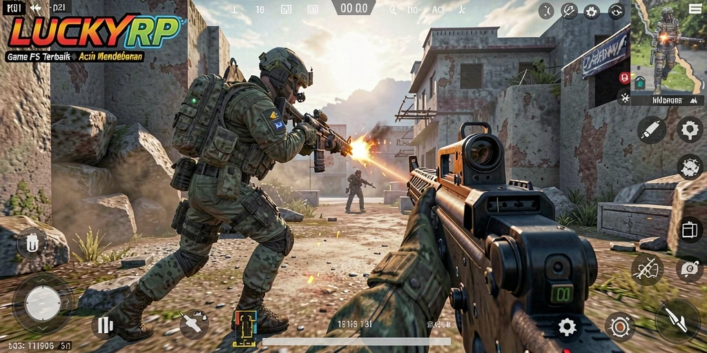 Tampilan gameplay menegangkan di LUCKYRP dengan aksi tembak-menembak yang intens.