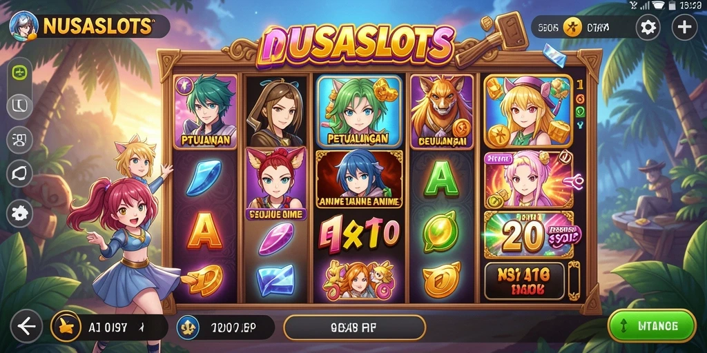Screenshot gameplay NUSASLOTS yang menunjukkan karakter anime yang menarik.