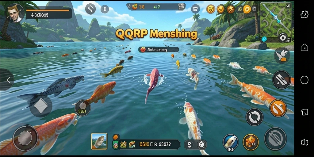 Screenshot gameplay QQRP menampilkan aksi memancing yang seru dan pemandangan menakjubkan.