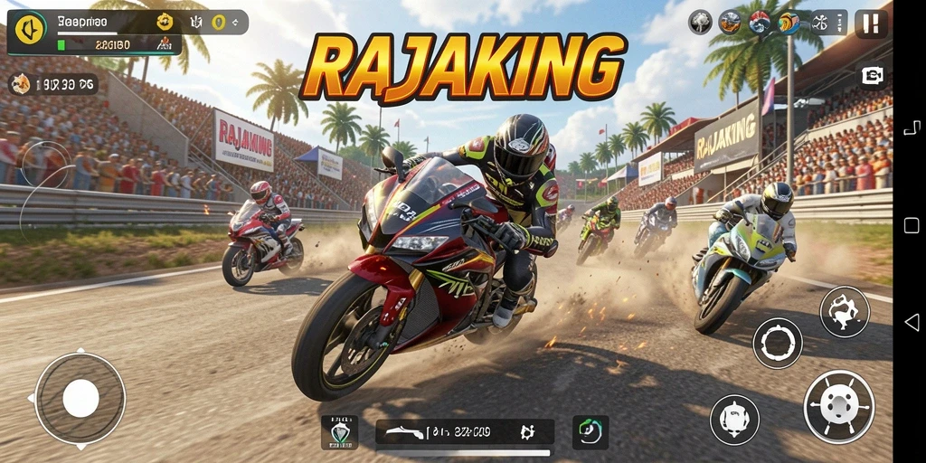 Tampilan gameplay seru dari RAJAKING dengan balapan motor yang mendebarkan.