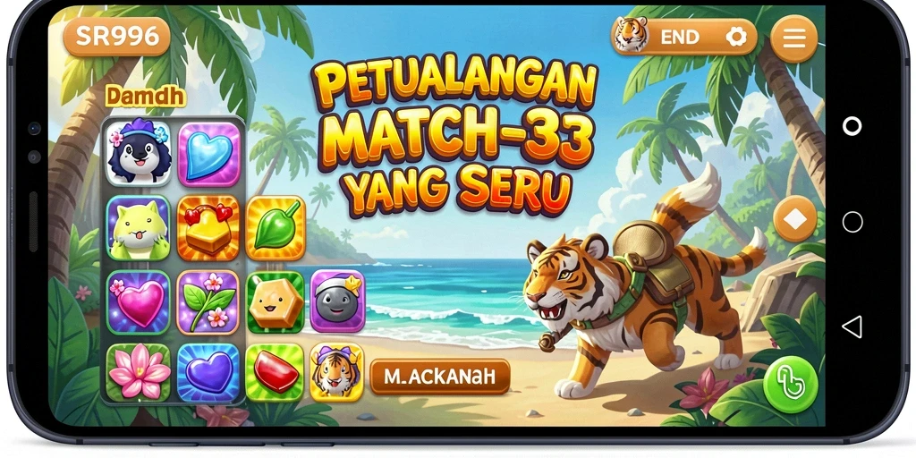 Screenshot SR996 menunjukkan gameplay seru mencocokkan batu permata.