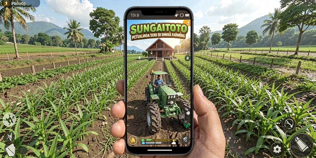Screenshot gameplay SUNGAITOTO yang menunjukkan aktivitas bertani dengan penuh warna.