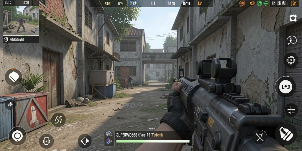 Screenshot gameplay SUPERWD666 menampilkan aksi menembak yang intens.