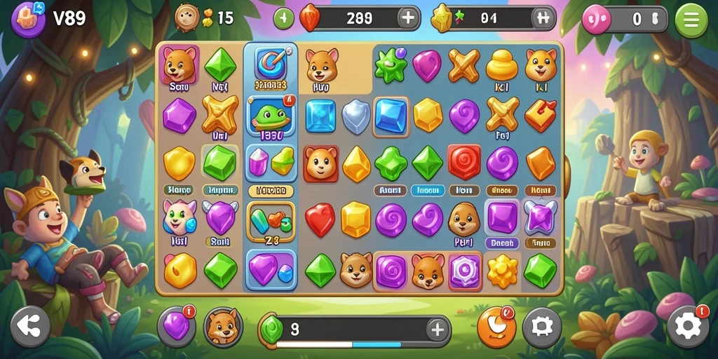 Tampilan penuh warna dari gameplay Match-3 V89 yang menantang.